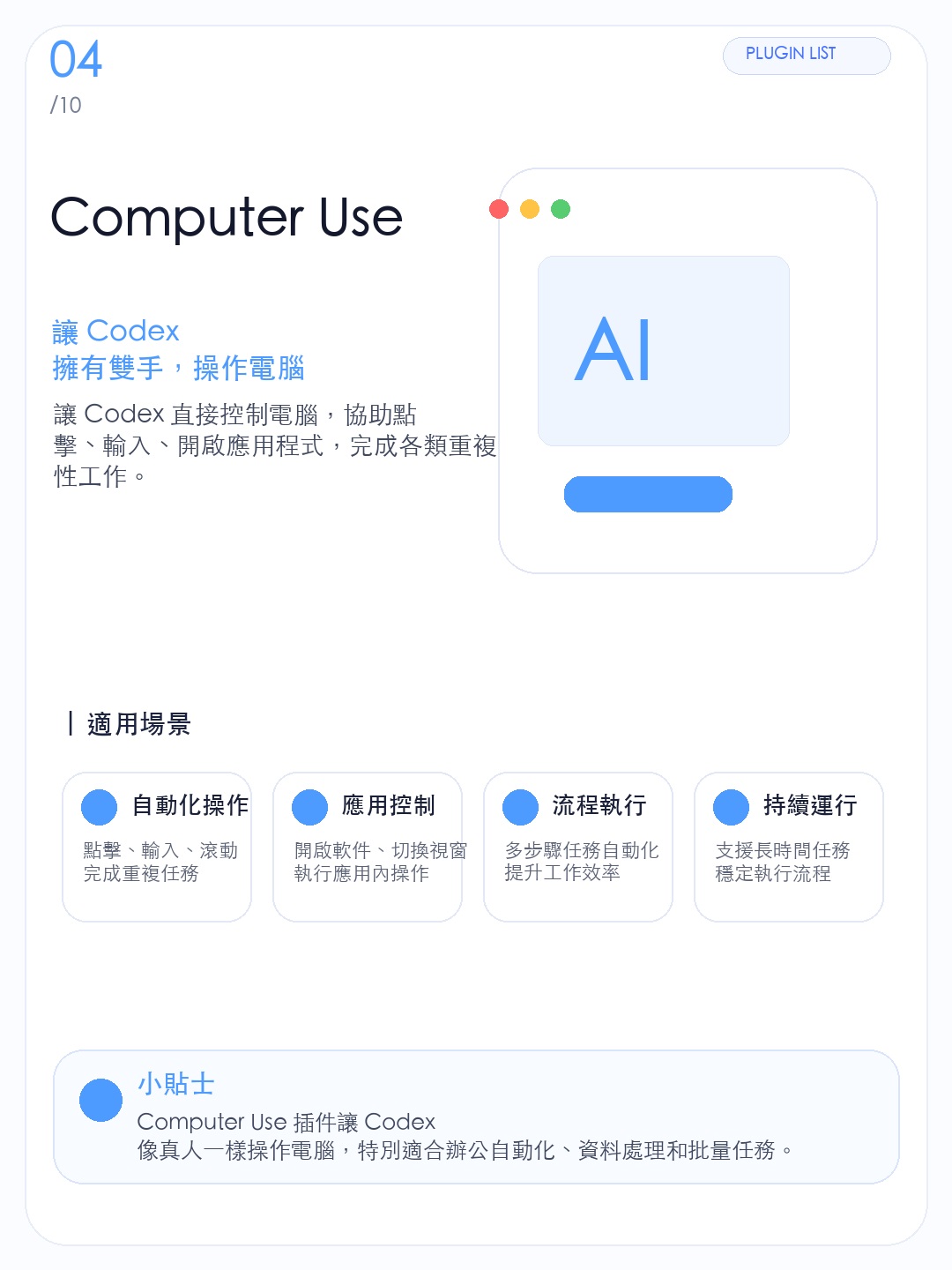 繁體版 Computer Use 插件資訊圖,說明 Codex 操作桌面應用程式