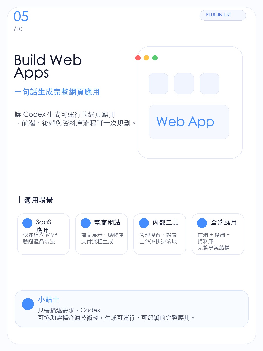 繁體版 Build Web Apps 插件資訊圖,說明快速建立網頁應用和 MVP 原型